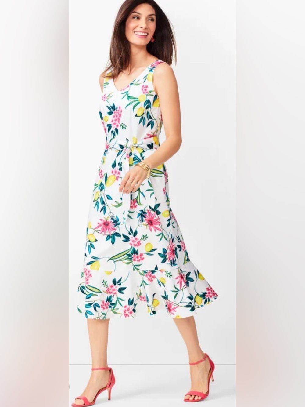 Talbots RSVP Lively Floral Lemon Fit & Flare Midi Dress Tropical Summer Preppy 6